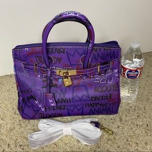 Purple graffiti satchel bag with adjustable strap